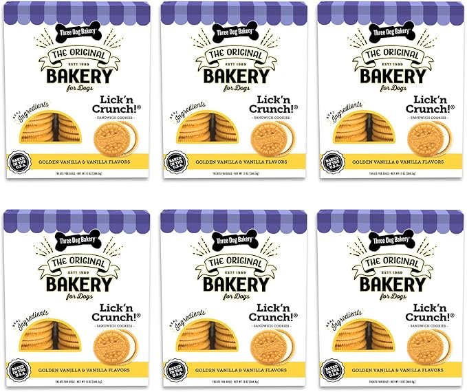 Three Dog Bakery Lick'n Crunch! Sandwich Cookies, Golden & Vanilla Flavor, Premium Treats for Dogs, 13 Ounce Box, 6-Pack, (114060)