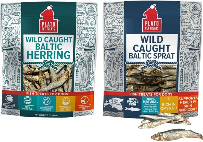 PLATO Baltic Fish Dog Treats Variety Pack, (1) Sprat 3oz and (1) Herring 3oz, 6oz Total