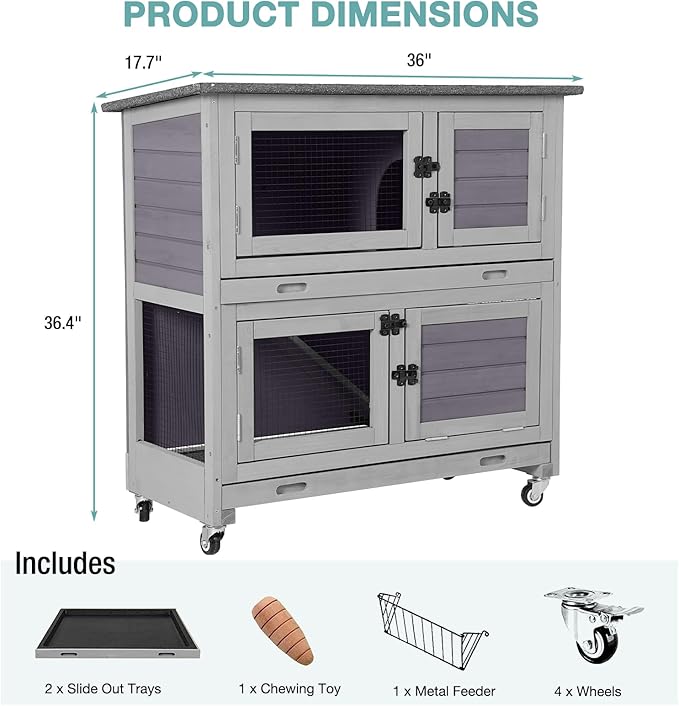 Suumerpety 2-Tier Wooden Rabbit Hutch Indoor Bunny House Guinea Pig Cage with Sliding Plastic Trays Wheels for Easy Cleaning Ventilation Design and Mobility, 36 Inch Small Animal Home (Grey, M)
