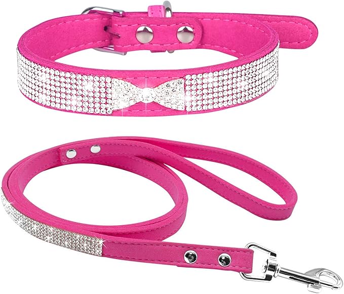 Cute Dazzling Sparkling Elegant Fancy Soft Suede Leather Bling Rhinestone Crystal Jeweled Pet Cat Dog Puppy Collar Dog Leash Combo Set (S(Neck 10-12.5"), Hot Pink-3)