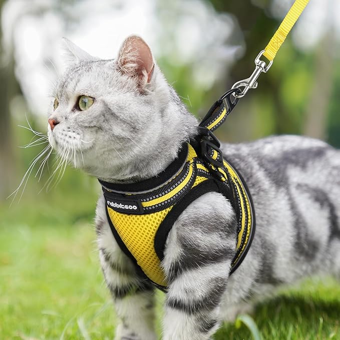 rabbitgoo Cat Harness and Leash Set for Walking Escape Proof, Adjustable Soft Kittens Vest with Reflective Strip for Cats, Comfortable Outdoor Vest, Bright Yellow, S
