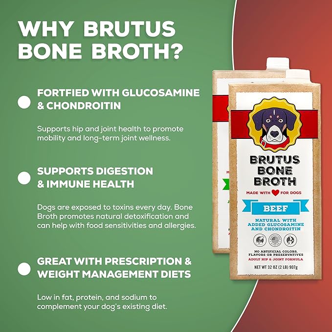 Brutus Chicken Broth Liquid for Dogs - All Natural Chicken Bone Broth for Dogs with Chondroitin Glucosamine Turmeric -Human Grade Dog Food Toppers for Picky Eaters & Dry Food -Tasty & Nutritious