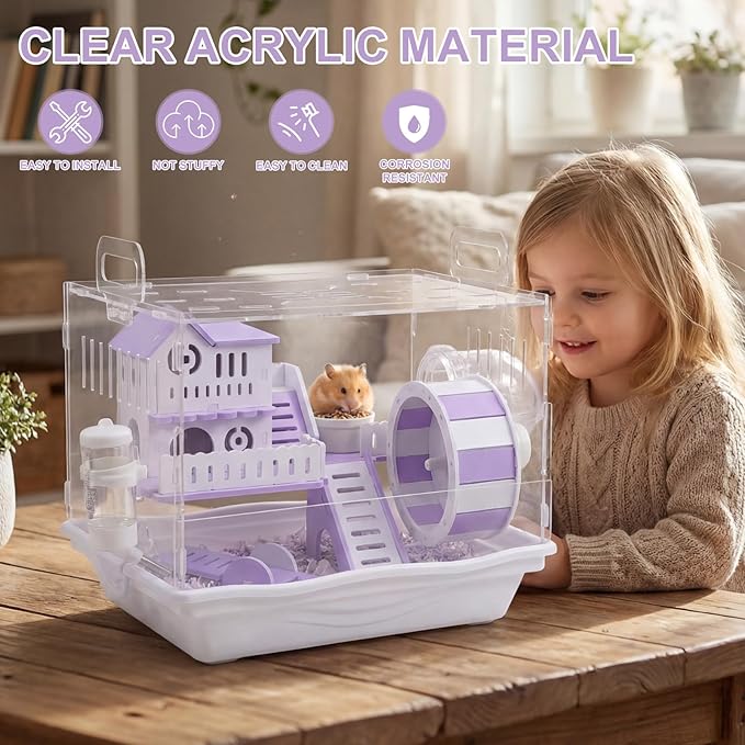Loungewave Acrylic Hamster Cage, 2-Tier Gerbil Cage with Wooden Wheel, Small Dwarf Hamster Cage Habitat, Garden Mouse Cage for Pet Mice, Clear View Inside Easy to Clean, Purple