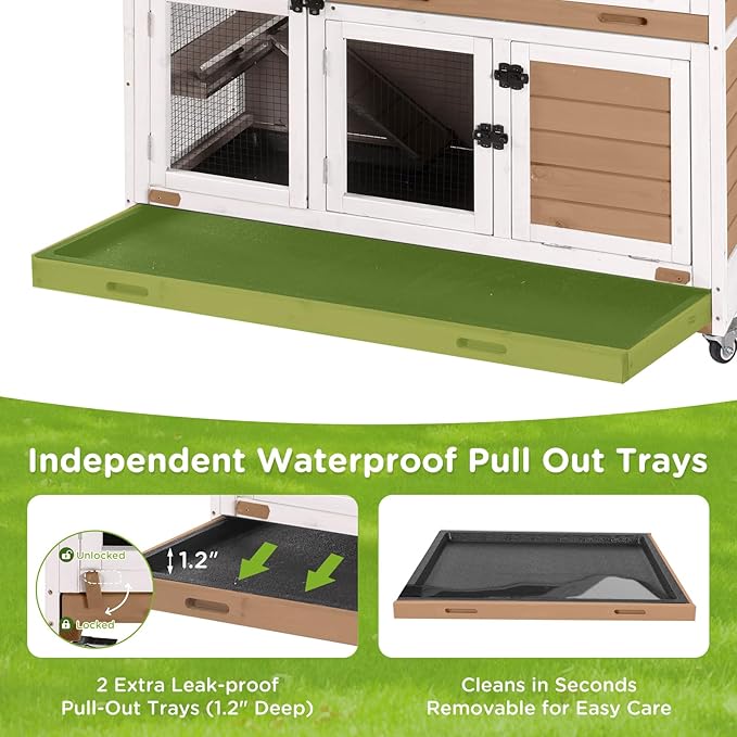 Gutinneen Large Indoor Rabbit Hutch Mobile Bunny Cage with Chew-Proof Ramp, Locking Leak-Proof Trays - Outdoor 44" Wooden Rabbit Cage with 4 Wheels for Rabbits, Guinea Pigs, Small Animals (Brown)