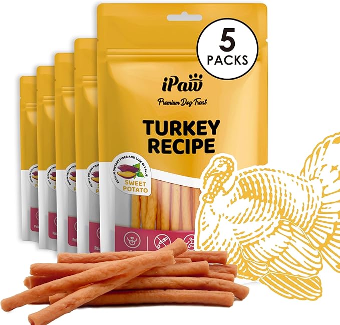 iPaw 5 Stock-Up Combo Turkey Dog Treats, All Natural Human Grade Dog Treat, Suitable for Training chew, Hypoallergenic, Rawhide Alternative, Thin Stick (Sweet Potato)