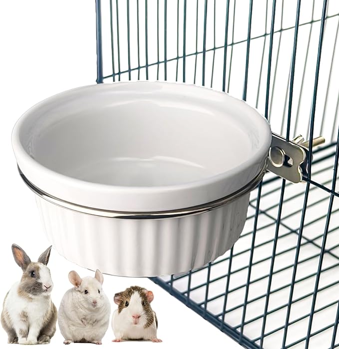 Ceramic Hanging Pet Bowl Set for Cages - Adjustable Height, No-Tool Installation, Heavy Duty Food & Water Bowl for Rabbits, Guinea Pigs, Kittens, Small Pets