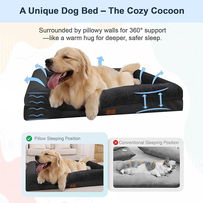 Jumbo Orthopedic Dog Bed for Extra Large Dogs, Waterproof Dog Bed with Removable Cover, 4-Sides Removable Bolster Soft Sofa Pet Mat with Nonskid Bottom, Washable Pet Beds for Large Dogs