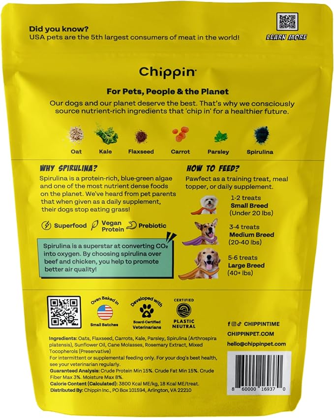 Chippin Healthy Dog Treats, All Natural Crunchy Biscuits with Spirulina, Kale, Oats, Low Calorie, No Meat, Hypoallergenic, Vegan Treats for Puppy, Small, Large Dogs