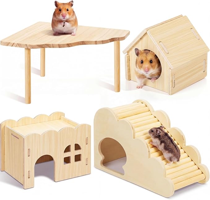 BreezeHug 4 Pcs Hamster Platform Hideout Wooden Tunnel Ladder Playhouse Hamster Game Climbing Toy with Platform Cage Accessories for Small Pets Dwarf Syrian Mice Degus Gerbils Squirrel(Wave House)