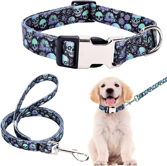 Puppy Collar and Leash Set, Pretty Design Print Purple Skull Pet Collars for Small Medium Large Breed Male Dogs Boys Cats, XS