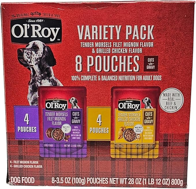 Ol' Roy Wet Dog Food Variety Pack Tender Morsels Filet Mignon and Grilled Chicken, 3.5oz Pouch (8 Count)