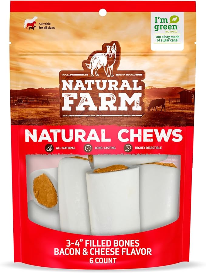 Natural Farm Bacon & Cheese Filled Bones (3-4 Inch, 6 Pack), Limited Ingredient, Natural Stuffed Dental Dog Bone Treats for Dogs, Made with Real Beef