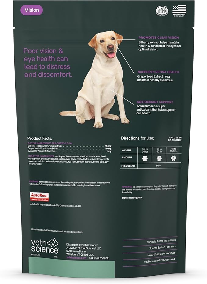 VetriScience Eye & Vision Health Chews for Dogs, Astaxanthin and Bilberry Extract, Eye Vitamins and Antioxidants, Prevent Tear Stains, Chicken, 60 Count