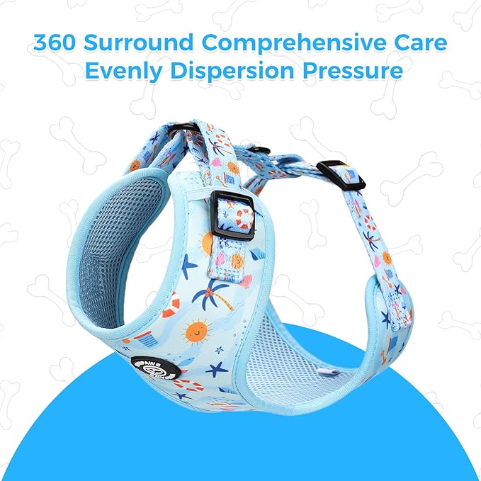Dog Harness and Leash Collar Set with Dog Poop Bag Holder and Bandanas, Escape Proof Adjustable Puppy Cat Vest with Soft Mesh Padded, Pet Supplies for Small Medium Large Dogs Kitten(Blue Beach, L)