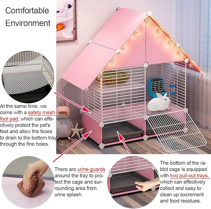 Choowin 2-Story Small Rabbit Cage Bunny Hutch Guinea Pig Cage Small Animals House, Metal Wire Netting Villa with Pull-Out Tray, Indoor Habitat for Ferret Chinchilla Hedgehog, Pink