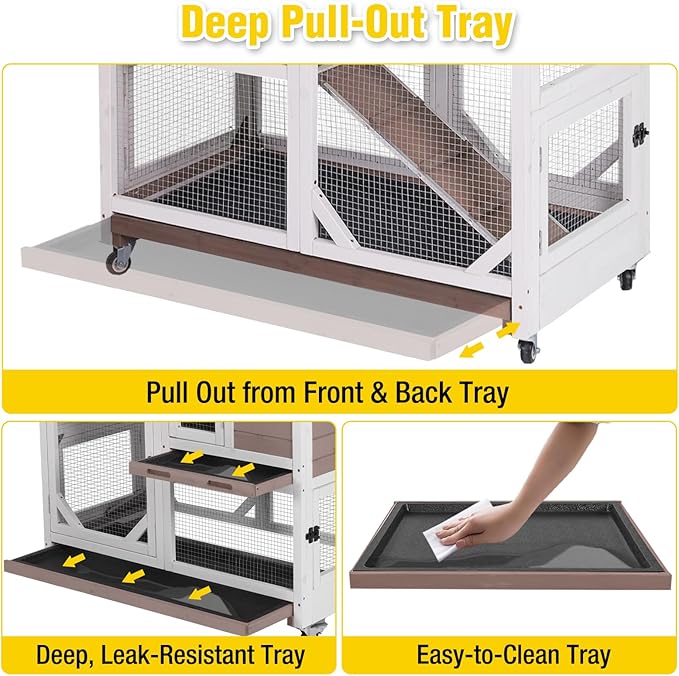 Aivituvin 39.3" Large 2-Story Rabbit Hutch, Indoor Outdoor Bunny Cage with Chew-Proof Ramp, Leak-Proof & Easy-to-Clean Tray, Lockable Wheels, for Rabbits & Guinea Pigs