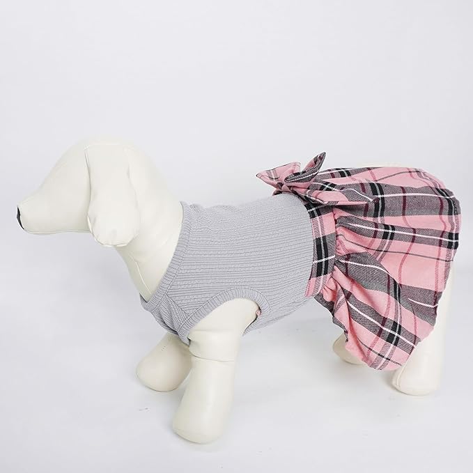 PUPTECK Classic Plaid Dog Dress Pet Apparel with Cute Bowtie Puppy Clothes Outfit,Grey,S