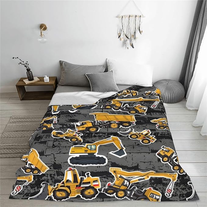 Construction Blanket, Excavator Throw Blankets, Construction Truck Gifts for Boys Girls Men Women Lover Adult Cozy Fleece Flannel Bedding Stuff Plush for Couch Sofa Bed Decor 60"X50"