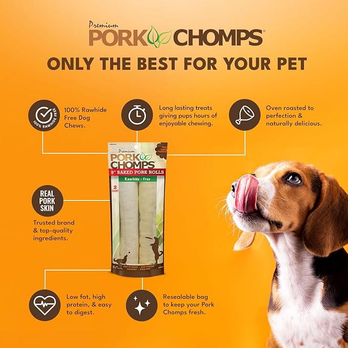 Pork Chomps Baked Pork Skin Dog Chews, 8-inch Rolls, 2 Count