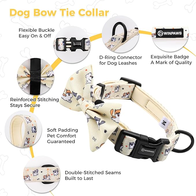 Dog Harness and Lead, Bow Tie Collar Set with Dog Poop Bag Holder and Bandanas, Escape Proof Adjustable Puppy Cat Vest with Soft Mesh Padded, Pet Supplies for Small Medium Dogs Kitten (Yellow Puppy,L)