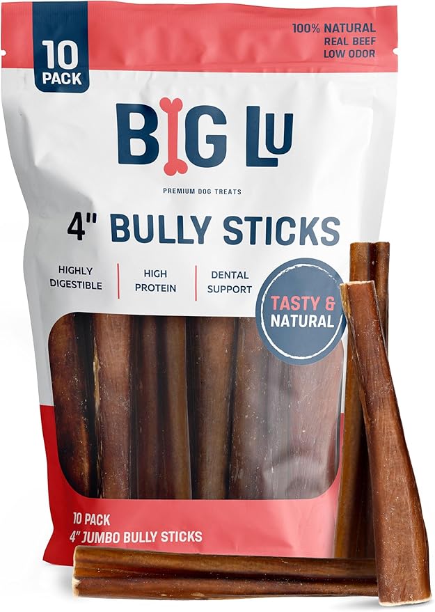 Big Lu - 4” Thick Bully Sticks, 10 Count, Long-Lasting, 100% Grass-Fed Beef Chews, for Small and Medium Dogs, Natural Single-Ingredient, Fully Digestible Treats