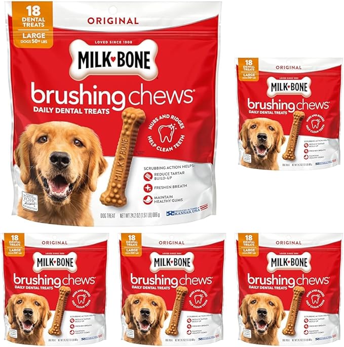 Milk-Bone Brushing Chews Original Chicken Flavor Daily Dental Dog Treats, Large, 24.2 Oz. Bag (Pack of 5)