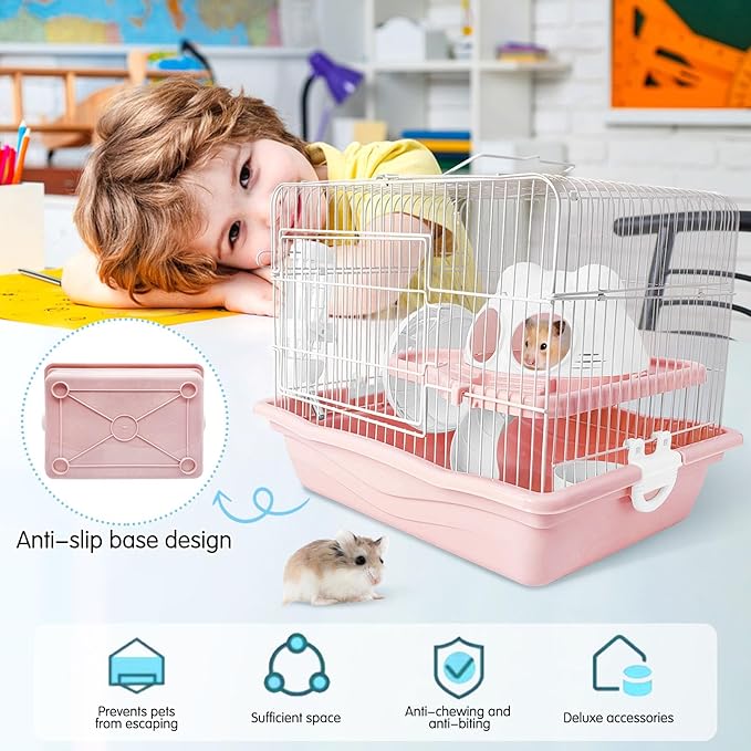 PINVNBY Dwarf Hamster Cage, Small Animal Cages, 2-Tier Travel Portable Mouse Cage Hamster Carrier with Castle House Running Exercise Wheels, Water Bottle and Food Dish（Pink）