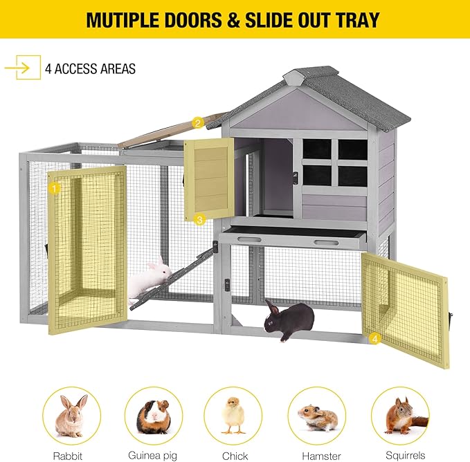 Aivituvin 51.6''L Rabbit Hutch Outdoor Chicken Coop Indoor Bunny Cage with Run,Guinea Pig House Pull Out Upper Tray 51.6" L x 25.2" W x 36.2" H (Grey)