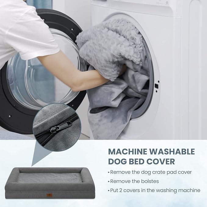 Large Orthopedic Dog Bed, Waterproof Dog Bed with 4-Sides Removable Bolster, Washable Pet Bed with Non-Slip Bottom Big Pet Couch Sofa with Removable Cover, Dark Grey