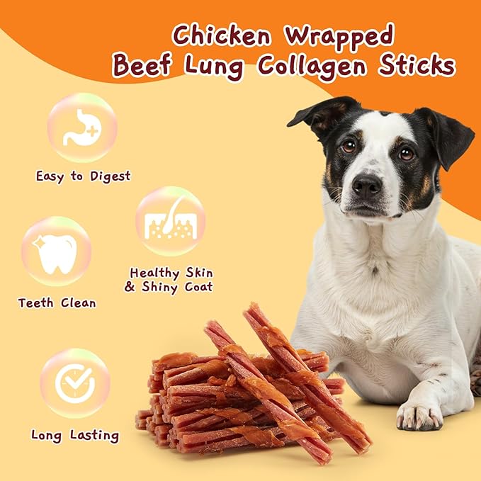 Jungle Calling 22 Count Beef Collagen Sticks, Long Lasting Dog Chews, Chicken Wrapped Treats, Rawhide Alternative for Small Medium Large Dogs, Dental Health, Beef Lung Flavored Bones,14.1 oz