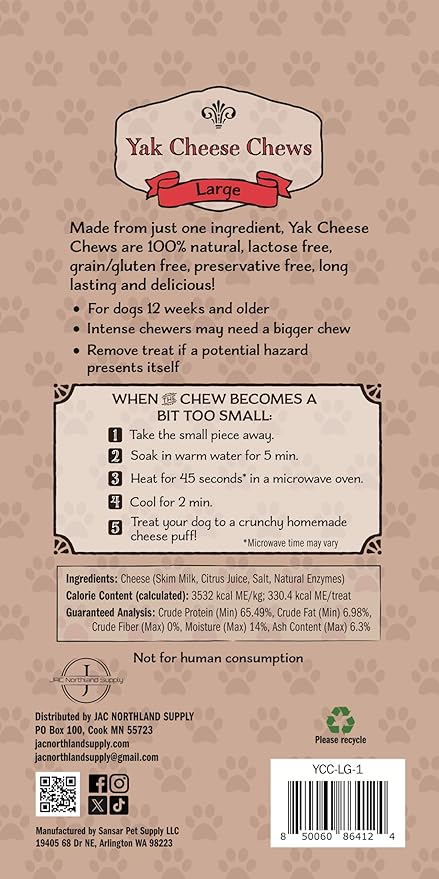 JAC's - Natural Yak Cheese Chew (Large) - 1 Large Stick | Long-Lasting & Lactose-Free Delight Treat for Dogs Under 55 lbs | Gluten-Free, 100% Natural Healthy Dog Treat