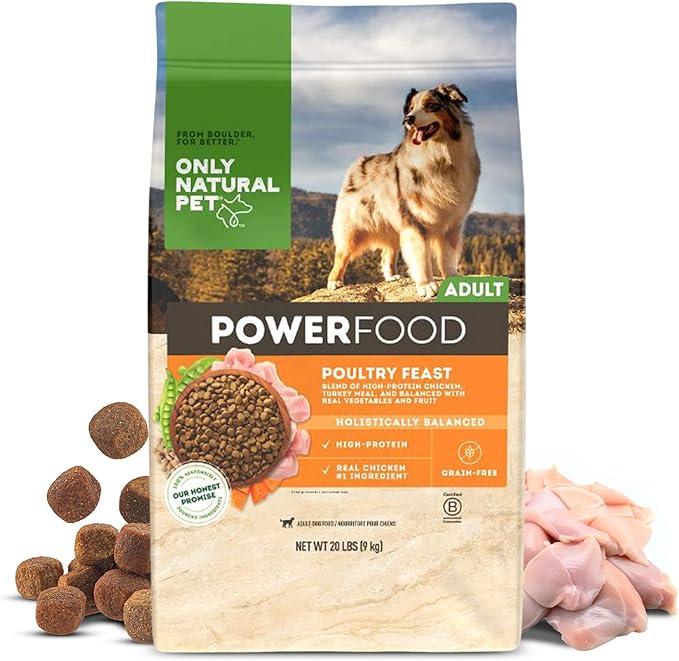 Only Natural Pet Dry Dog Food Canine PowerFood Formula - Paleo Inspired Formula with No Grain, Soy, Corn, Wheat or Oats – Poultry Feast 20 lb Bag