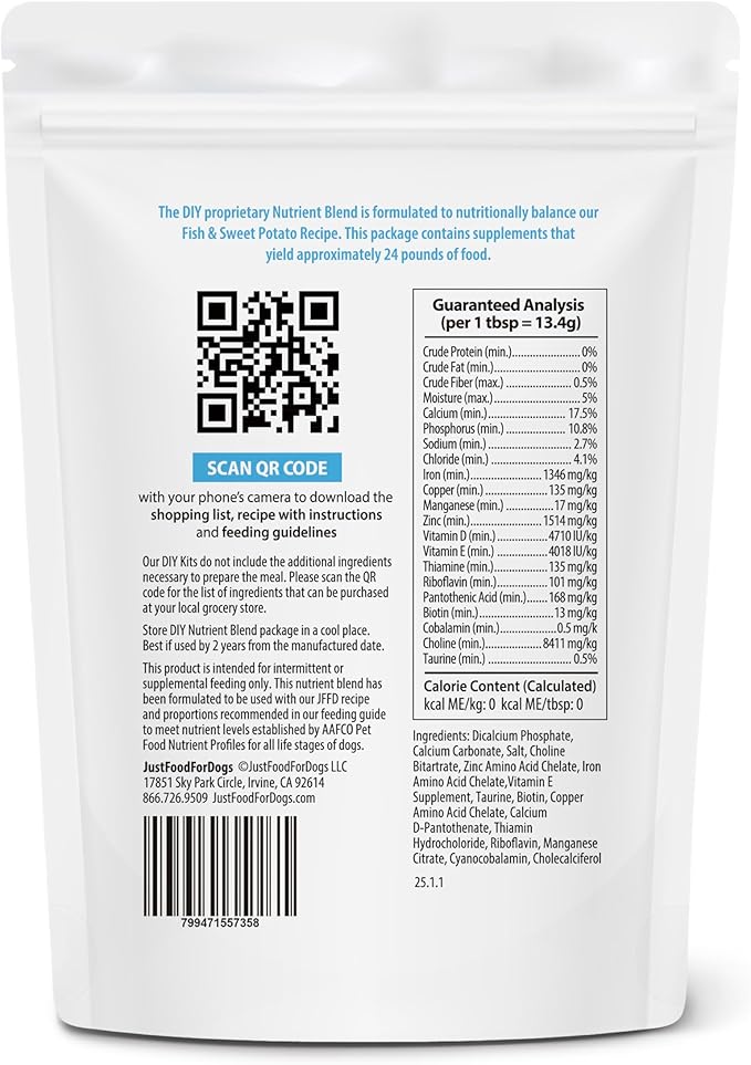 Just Food for Dogs Nutrient Blend, Vitamins and Supplements for Homemade Dog Food, Fish and Sweet Potato, DIY Fresh Pet Meals and Toppers, Human Grade, Dog Vitamins & Multivitamin Additive, 4.55oz