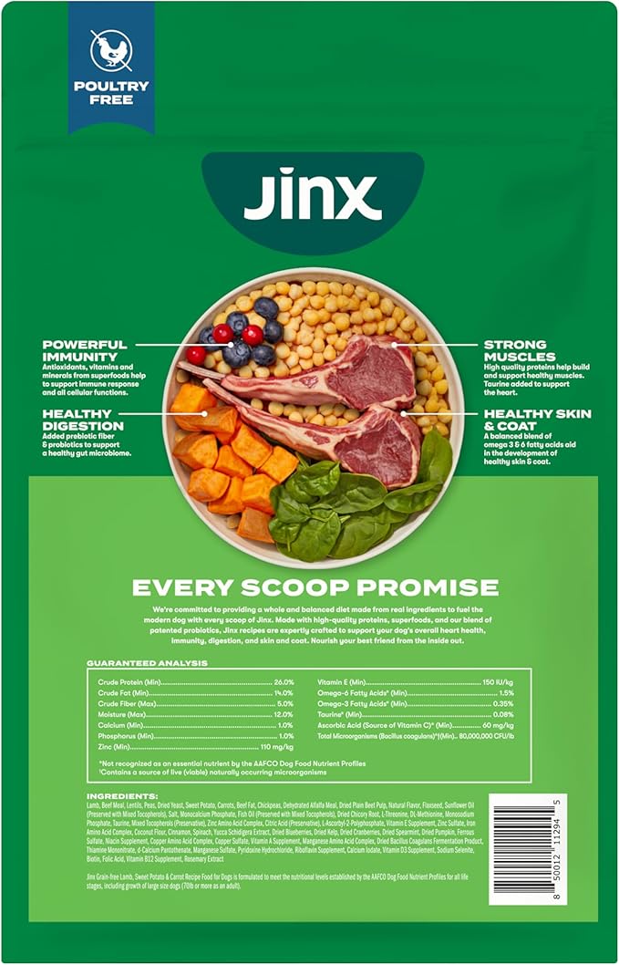 Jinx Premium Grain-Free Dry Dog Food, for All Lifestages - Grass-Fed Lamb, Sweet Potato & Carrot Dog Food with Superfoods for Immune Support & Probiotics for Digestive Support - No Fillers - 4lb