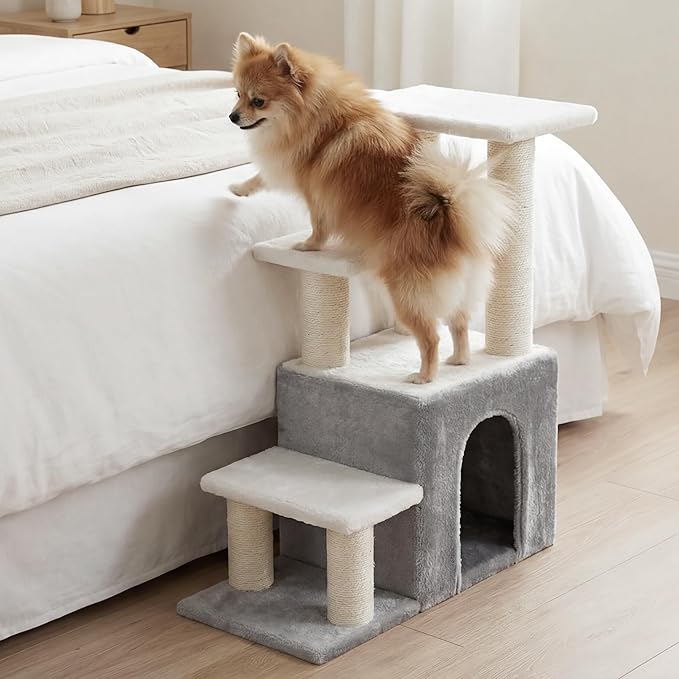 Heybly Pet Stairs for Cats, 29.5 inch High Dog Steps for Small Doggie Rabbits, 9.8''Depth Cat Stairs, Indoor Cat Ladders for High Bed for Pet's Joints, 1 Condo Cave, 6 Sisal Scratcher HSP002SWWH