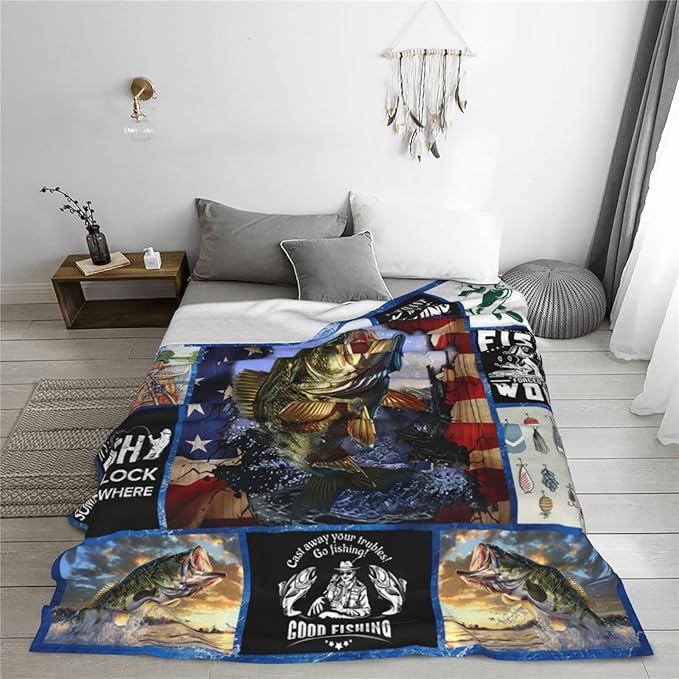 Fishing Blanket Fish Throw Blankets Cozy Fleece Flannel Blanket Fishing Stuff Bedding Fishing Gifts for Men Fisherman Who Loves Fish for Couch Sofa Bed Decor 50"X60"