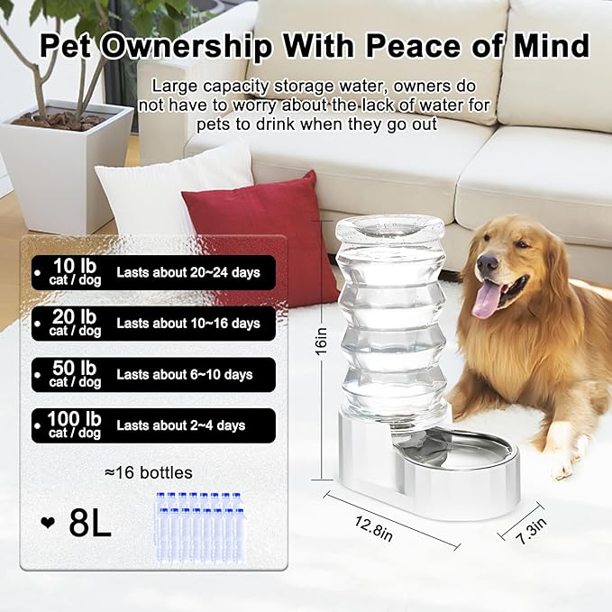 RIZZARI Gravity Dog Water Dispenser: Ion Exchange System with Activated Carbon-Helps Prevent Urinary Stones-8L Large Auto-Refill Stainless Steel Pet Waterer for Busy Owners-Living Room-Backyard