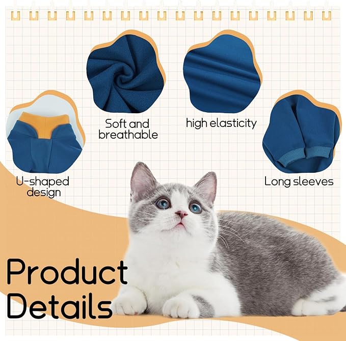 T'CHAQUE Sticky Hair Cat Onesie - Soft Long Sleeve Cat Pajamas, Anti-Shedding,Surgery Recovery Suit, Wound Protection & Preventing Licking, Kitten Sweaters for Male Female, Blue-XS