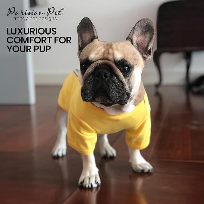 Parisian Pet Dog Costume - 100% Cotton Yellow Dog Clothes for Medium Dogs - Lightweight Puppy Outfits - Funny Schitzu Clothes - Sleeved Mustard Shirt for Dogs - Stretchy and Stylish Pet Costume