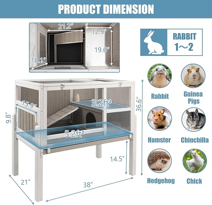 Gowoodhut Elevated Guinea Pig Cage 36.6" H Wooden Outdoor Rabbit Hutch with Wire Netting Above The Pull Out Tray, Detachable Legs Hamster Cage Pet House for Small Animals, Grey