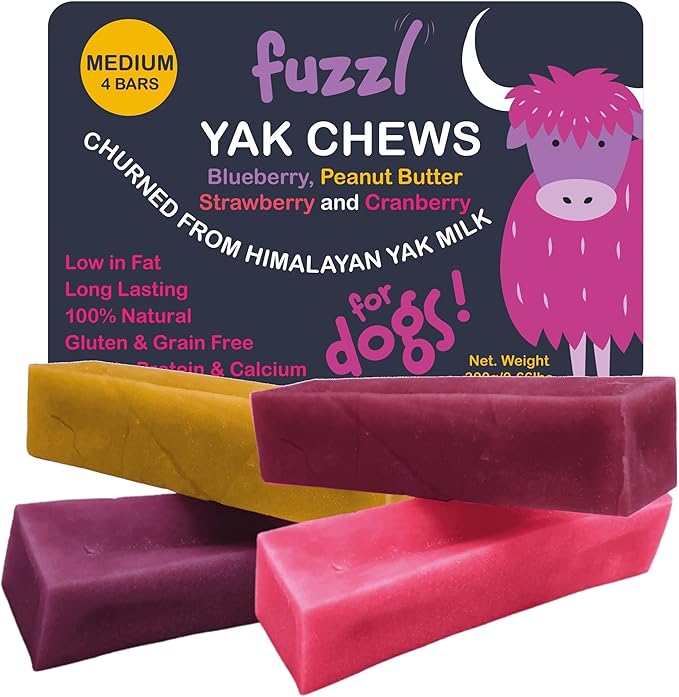 Yak Chews Blueberry, Strawberry, Peanut Butter, Cranberry Medium Pack 4 - Himalayan Yak Chews for Dogs - Natural Dog Chew