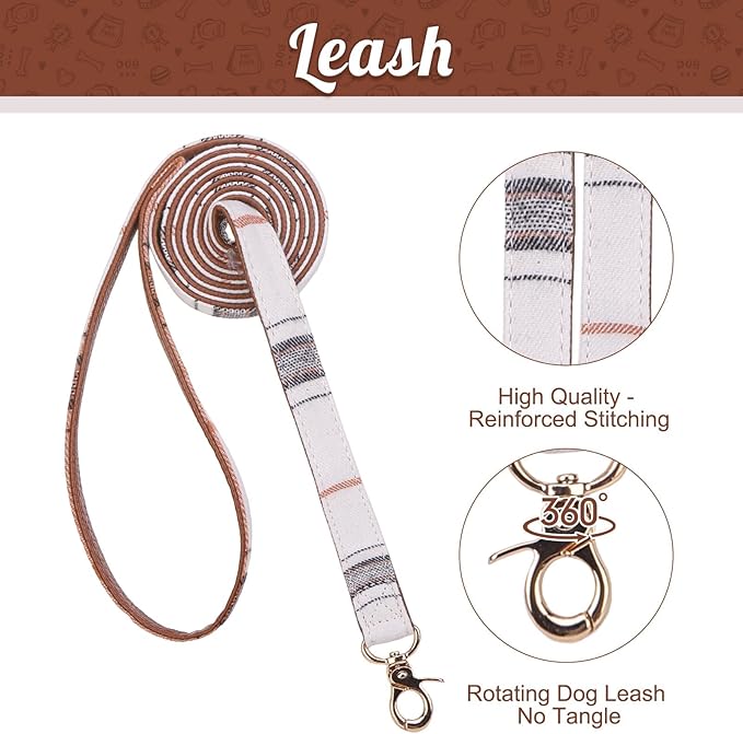 EXPAWLORER Dog Collar and Leash Set - Classic Plaid Medium Dog Collar with Bow Tie, Cute Collar and Leash Set, Adjustable Dog Collar for Medium Dogs Holiday Birthday Gifts, Beige Medium