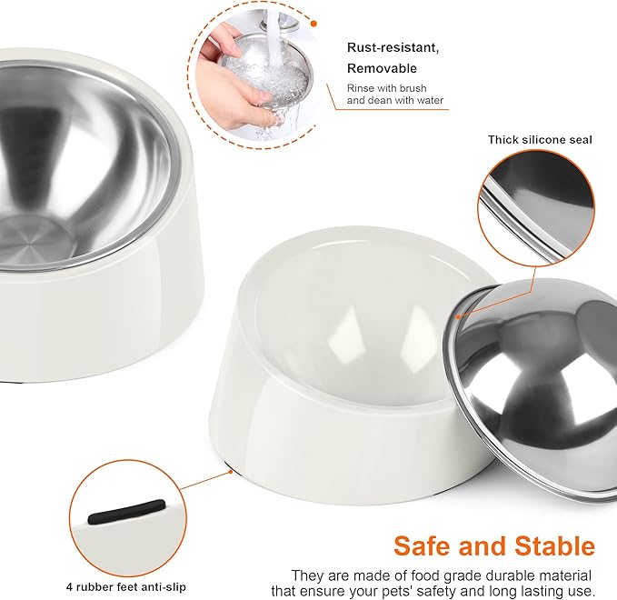 Tilted Dog Bowl Non-Slip & Non-Spill Pet Feeder with Elevated Detachable Melamine Stand, Easy to Get Food Dog Dish, L/300ml White