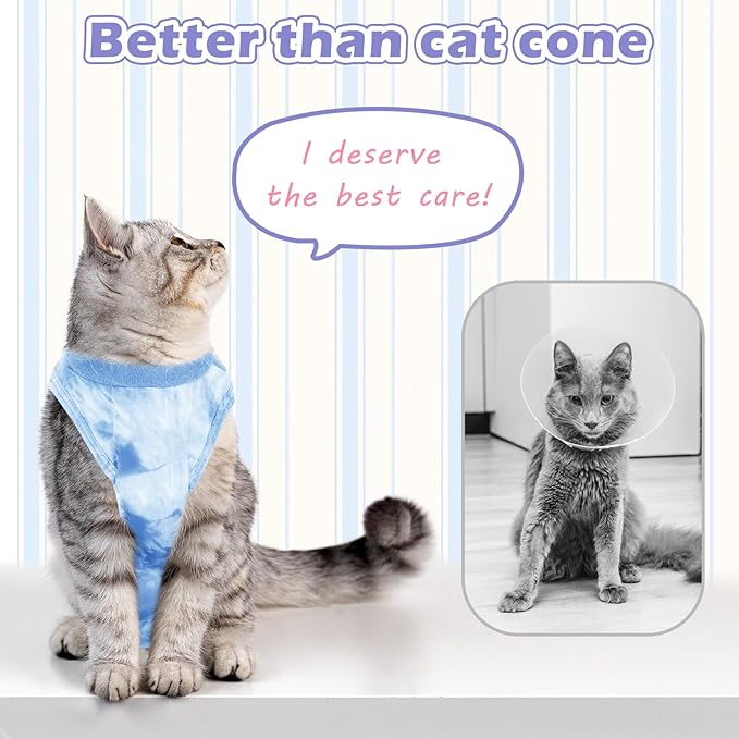 2 Pack Cat Surgery Recovery Suit for Female and Male, Soft Cat Spay Shirts Clothes, Comfortable Kittens Pajamas Onesie, Adjustable Fit to Stop Licking, Blue S