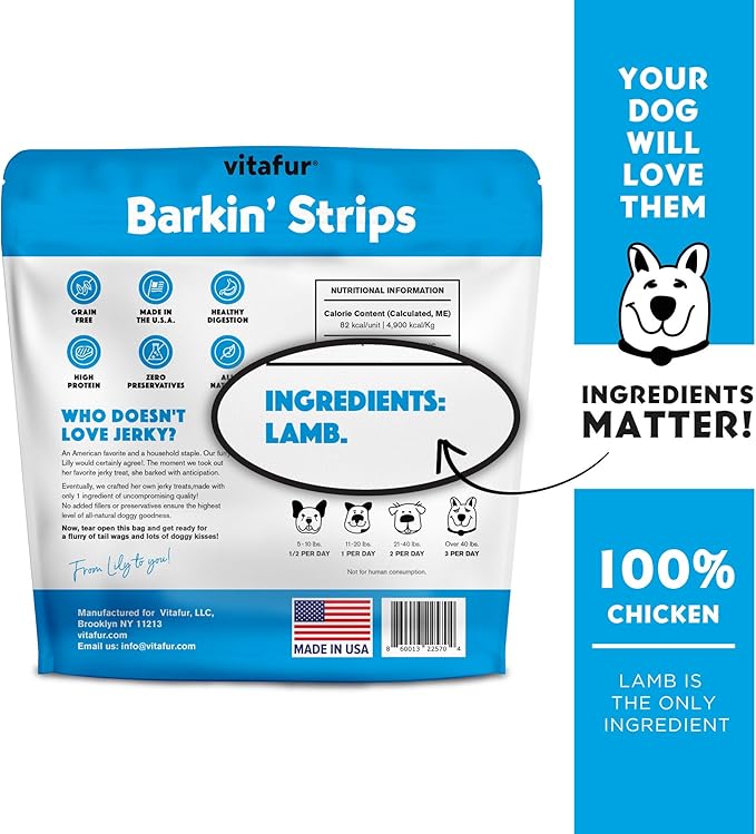 Barkin Burger Strips Made of Only Lamb Dog Treats 12 oz Pouch Premium One-Ingredient, All-Natural, Low-Fat, Lean Protein Jerky Treats for Dogs and Breeds