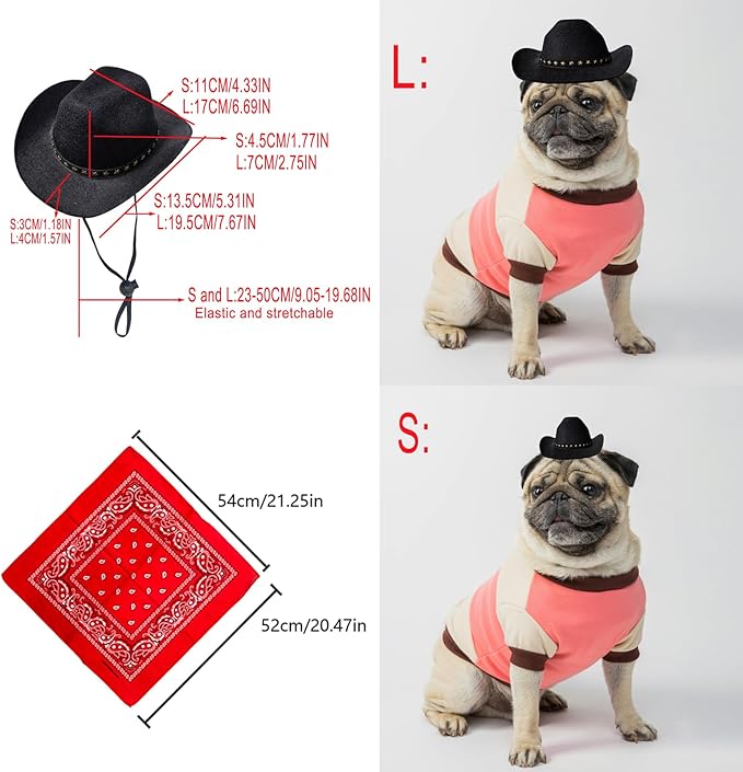 Dog Cowboy Hat Cat Cowboy Hat Mini Cowboy Hat for Dogs Cat Pet Cowboy Costume with Bandana Scarf Holiday Halloween Pet Party Decoration (Black, Small)