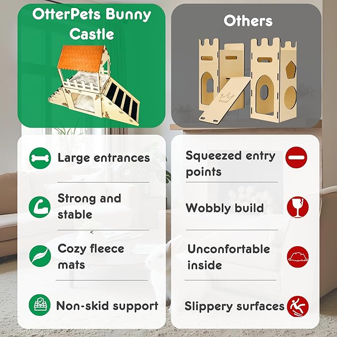 OtterPets Extra Large Bunny Hideout, Cozy Rabbit Castle with Fleece Mats, Wooden Rabbit Hideout, Bunny House Indoor Indoor, Chinchilla, Guinea Pig House