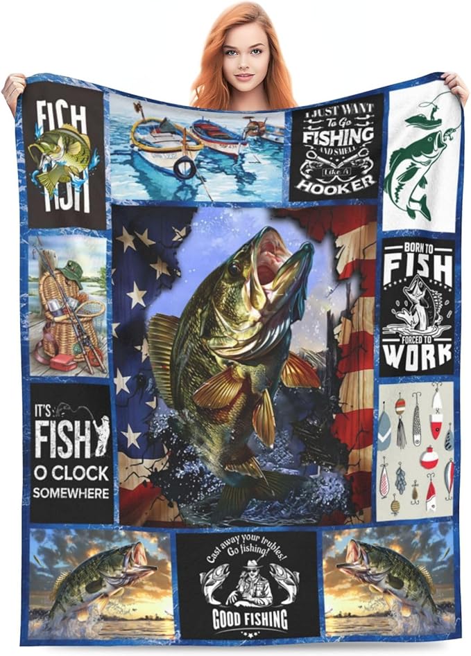 Fishing Blanket Fish Throw Blankets Cozy Fleece Flannel Blanket Fishing Stuff Bedding Fishing Gifts for Men Fisherman Who Loves Fish for Couch Sofa Bed Decor 50"X60"