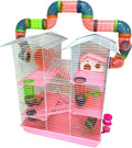 Pink Large Twin Tower Habitat Hamster Home Rodent Gerbil Mouse Mice Rat Wire Animal Cage Long Crossover Tube Expandable and Customizable with Hide House Running Wheel Food Bowl Water Bottle Deep Base