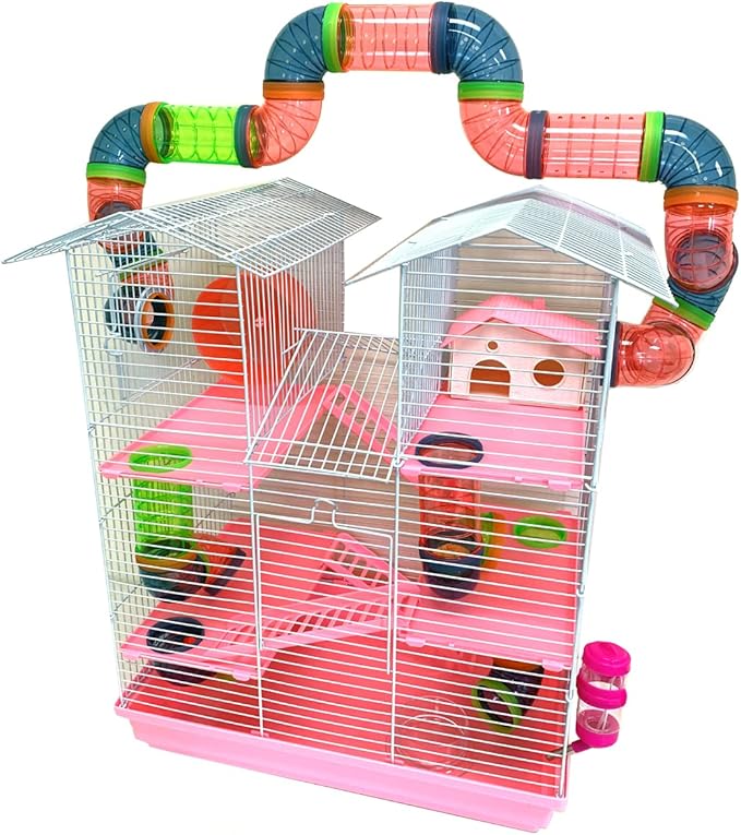 Pink Large Twin Tower Habitat Hamster Home Rodent Gerbil Mouse Mice Rat Wire Animal Cage Long Crossover Tube Expandable and Customizable with Hide House Running Wheel Food Bowl Water Bottle Deep Base